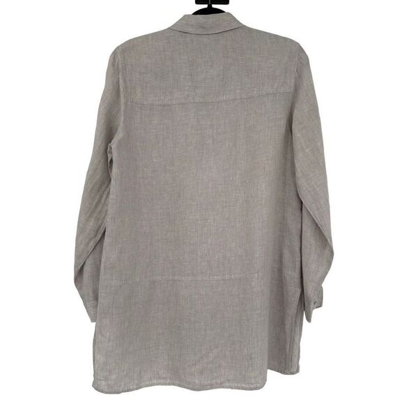 Tahari 100% Linen Button Front Roll Tab Sleeves Tunic Tan Small - Picture 7 of 7
